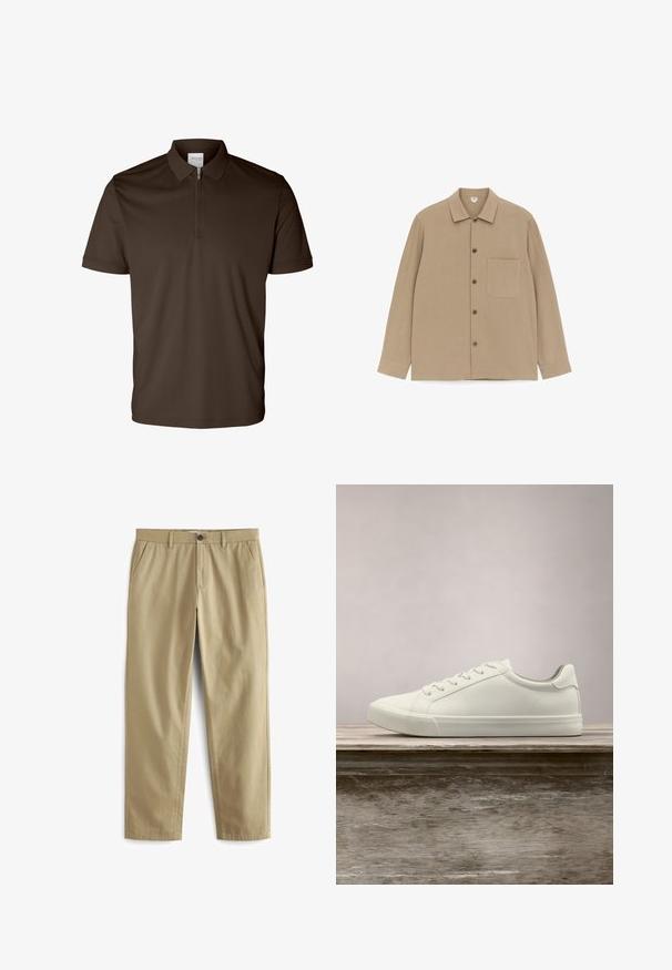 Beige langærmet skjorte med knapper, krave, enkelt brystlomme på venstre side og matchende beige knapper foran.; Mørkebrun polo med korte ærmer, krave og halv lynlås foran, vist på hvid baggrund.; Beige bukser lavet af en bomuldsblanding, med knaplukning, to forlommer og lige ben med minimal tekstur.; Hvide snørresneakers svævende over en træbænk med grønne planter i baggrunden, der fremhæver skodesign og tekstur.