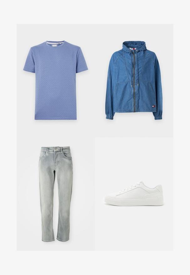 Denim jakk kapuutsiga, sinine värv, elastsete mansettidega ja ees oleva tõmbluku sulgemisega. Omab kahte suurt esikotti ja väikest logo silti.; Heled sinise lühikeste varrukatega T-särk, mis on valmistatud tekstuurilisest kangast ja millel on ruuduline muster ning ümmargune kaelus. Sile ja pehme tekstuur.; Hõbedased hallid denim teksad sirge lõikega, viie taskuga, nööbiga sulgemisega ja kanga peal on õrnad fadeerimisdetailid.; Valged madalad tossud, mis on valmistatud siledast nahast, ümarate varvastega, lame tallaga ja peene brändinguga külgedel.