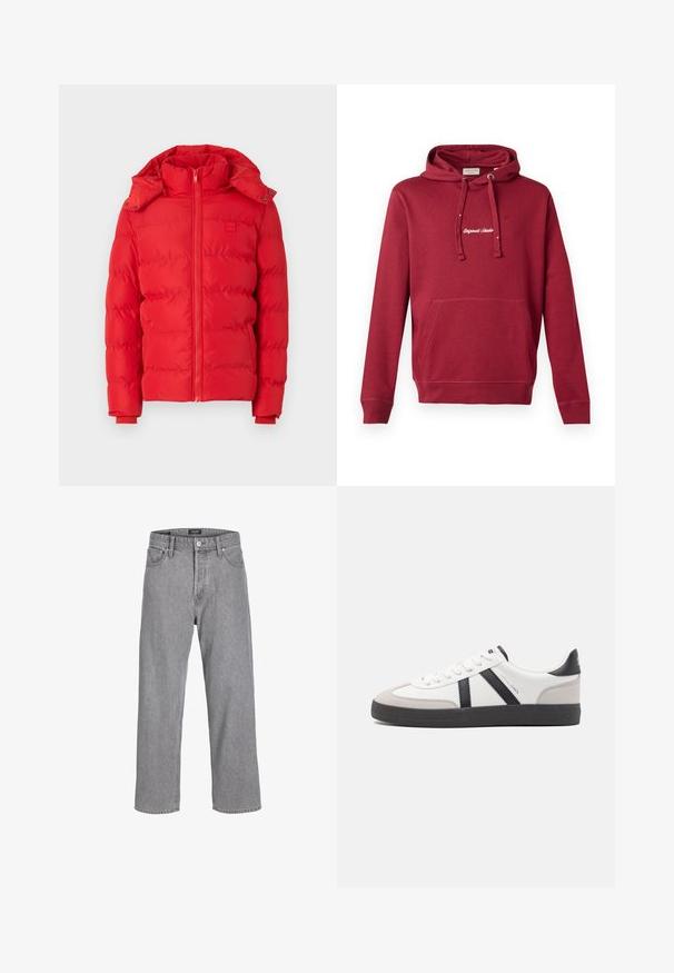 Rode gewatteerde jas met hoge kraag, afneembare capuchon, ritssluiting en elastische manchetten. Gladde textuur met een gestikt patroon.; Rode katoenen hoodie met een voorzak, een capuchon met trekkoord, ribgebreide manchetten en een geborduurd "Originals Studio" logo op de borst.; Grijze denim broek met een ontspannen, losse pasvorm. Beschikt over een traditionele vijf-pocket ontwerp en een knoopsluiting bij de tailleband.; Witte sneaker met zwarte en grijze accenten, voorzien van een grijze neus met textuur, zwarte rubberen zool en platte witte veters. Schoon ontwerp, minimalistische stijl.