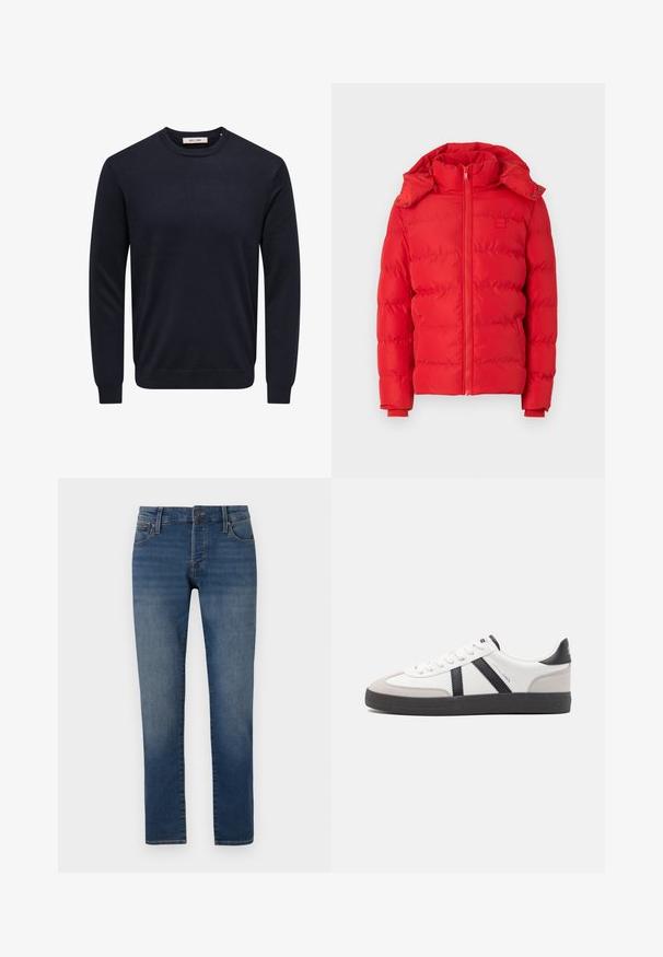 Veste rembourrée rouge avec un col haut, capuche détachable, fermeture éclair et poignets élastiques. Texture lisse avec un motif de couture matelassée.; Pull bleu marine à manches longues avec col rond, bord-côtes aux poignets, à l'ourlet et à l'encolure, étiquette "Only & Sons" à l'intérieur du col.; Jean bleu slim fit avec un léger délavage sur les cuisses, design à cinq poches, fermeture à boutons et coupe droite sur fond blanc.; Baskets blanches avec des accents noirs et gris, présentant un embout texturé gris, une semelle en caoutchouc noir et des lacets plats blancs. Design épuré, style minimaliste.