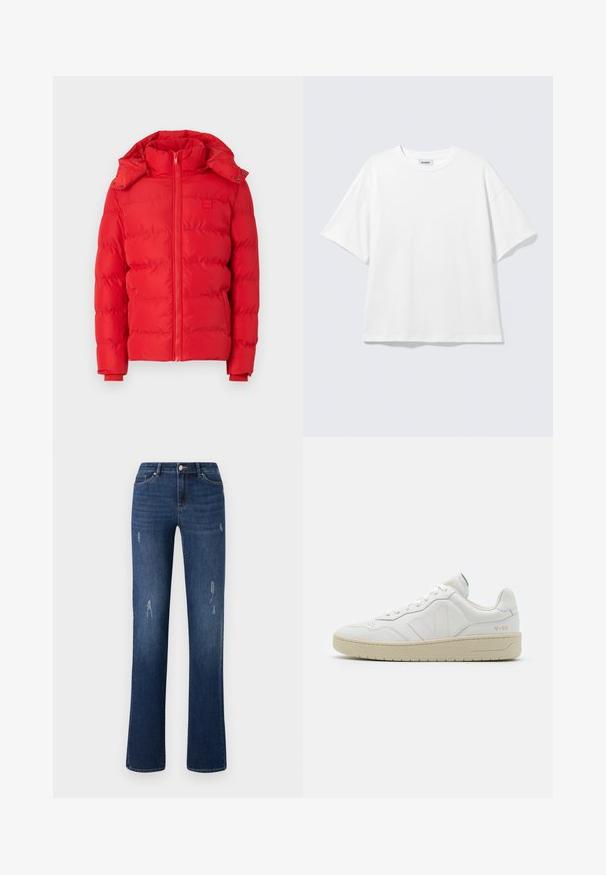 Rote gepolsterte Jacke mit hohem Kragen, abnehmbarer Kapuze, Reißverschluss und elastischen Bündchen. Glatte Textur mit gestepptem Muster.; Weißes oversized T-Shirt mit kurzen Ärmeln und Rundhalsausschnitt mit eingesetzten Schultern, flach auf hellgrauem Hintergrund.; ONLY ONLWAUW MID WAIST - Jeans Slim Fit - dark blue denim; Weiße Leder-Sneaker mit strukturierter Oberfläche und gepolstertem Kragen. Sie verfügen über eine beigen Gummisohle und dezente Markenkennzeichnung an der Ferse und an der Seite.