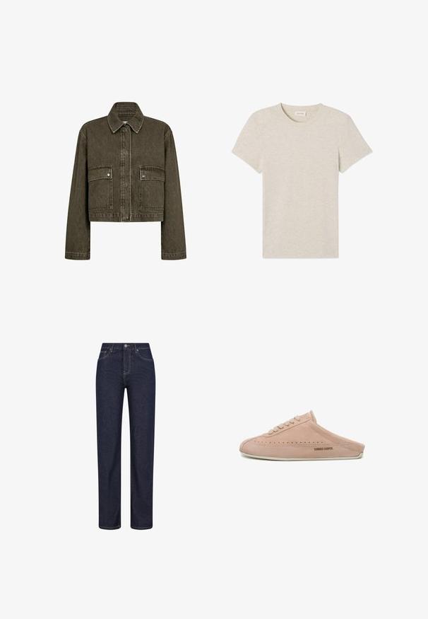 Korte spijkerjack in olijfgroen met een puntige kraag, knoopsluiting aan de voorkant en twee borstzakken. Heeft een gestructureerde stof.; Lichtbeige korte mouwen t-shirt gemaakt van zacht stof, met een klassieke ronde halslijn en een gladde textuur met minimaal zichtbare naden.; Donkerblauwe jeans met rechte pijpen, voorzakken, riemlussen en een knoopsluiting in de taille.; Lichtroze suède instap-sneaker met veters, lage achterkant, geperforeerde details en "CANDICE COOPER" branding aan de zijkant.