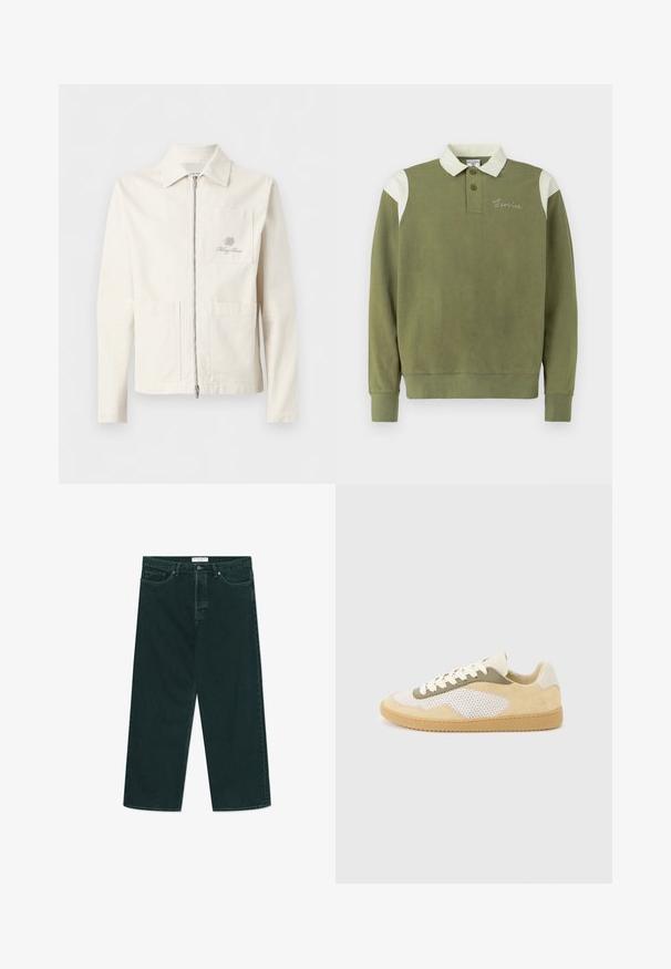 Off-white lynlåsjakke med krave, tre forlommelommer og subtil broderet logo på venstre brystlomme.; Langærmet polo i olivengrøn med hvid krave og skulderdetaljer. Har tre knapper og broderet "Terrice"-detalje.; Mørkegrønne vidde denimjeans med knap- og lynlås lukning, forlommer og bæltestropper, liggende fladt på en hvid baggrund.; Lav-top sneaker med beige ruskind, hvide meshpaneler, olivengrønne detaljer, hvide snørebånd og gummisål i karamelfarve på en lysegrå baggrund.