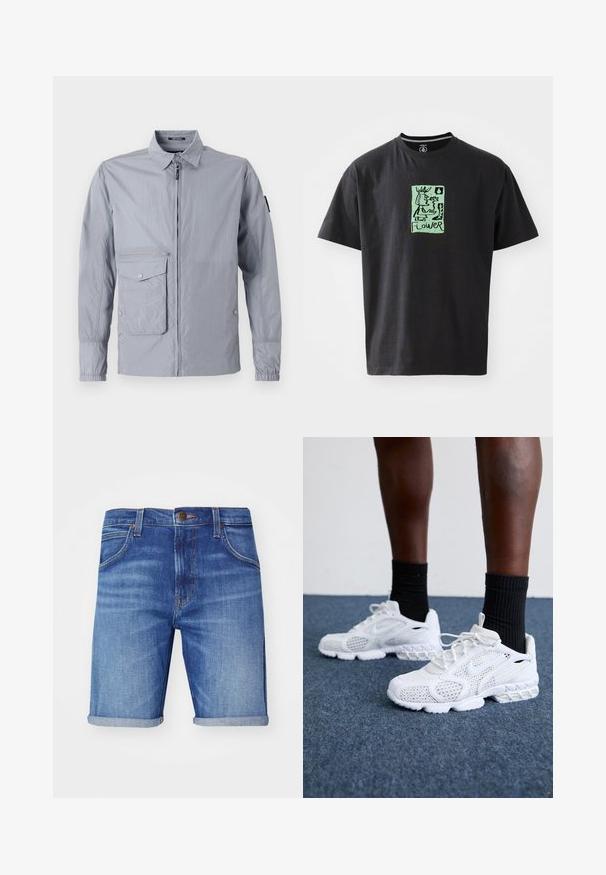 Chaqueta cortavientos de color gris claro con cuello tipo solapa, cremallera frontal y un bolsillo lateral. Presenta puños elásticos y una textura suave y brillante.; Camiseta de algodón negra con una ilustración gráfica verde que presenta la palabra "FLOWER". Mangas cortas y escote redondo.; Shorts de mezclilla en azul claro con un acabado deslavado, con puños enrollados, cinco bolsillos y un botón metálico de marca en la cintura.; Zapatillas deportivas blancas con parte superior de malla, acentos texturizados y suela acolchada. Combinadas con calcetines cortos de canalé negros sobre una superficie de moqueta azul.
