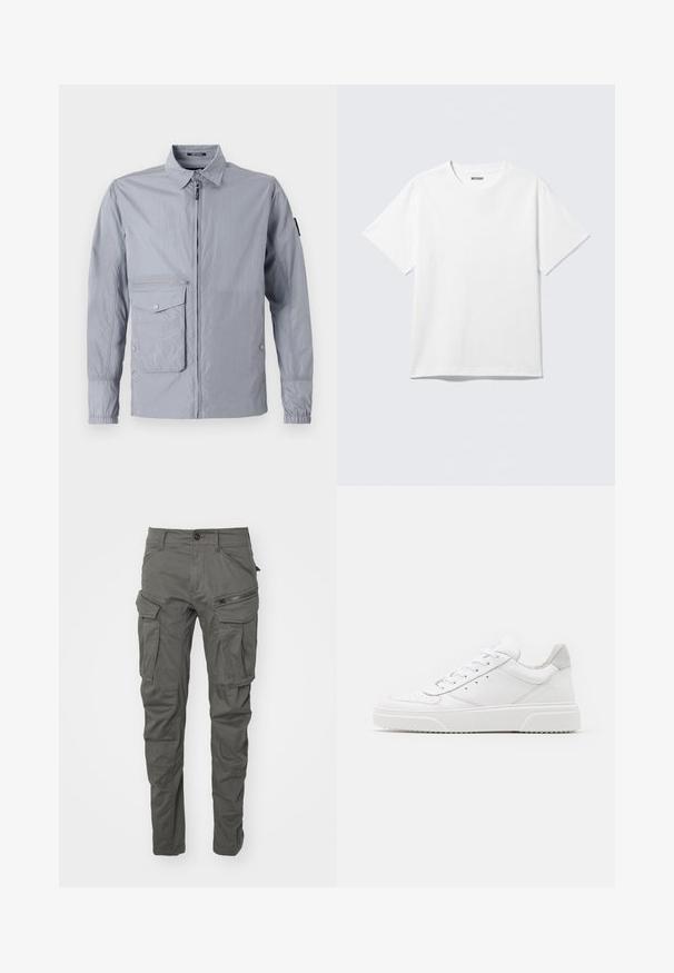 Veste coupe-vent gris clair avec un col, fermeture éclair à l'avant et une poche latérale. Possède des poignets élastiques et une texture lisse et brillante.; T-shirt blanc à manches courtes et col rond, étalé à plat, design uni, avec l'étiquette "WEEKDAY" à l'intérieur du col sur un fond clair.; Pantalons cargo gris en tissu durable, dotés de multiples poches, d'accents zippés, d'une fermeture à bouton et d'une coupe fuselée.; Des baskets en cuir blanc avec une finition lisse, un bout rond, des lacets plats et une semelle texturée. Accents en daim gris au niveau du talon.