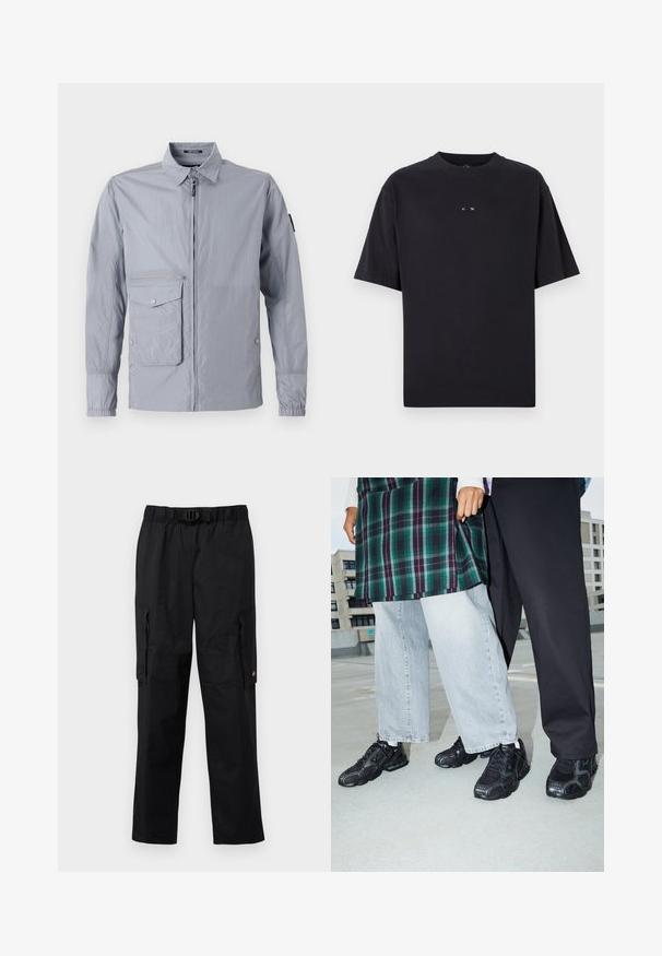 Helehall kasukas, millel on kaelus, esi tõmblukk ja küljetasku. Omab elastseid mansette ja siledat, läikivat tekstuuri.; Oakley RISE TEE - Lihtne T-särk - blackout; Mustad musta värvi cargo püksid, millel on elastne vöökoht, reguleeritav rihm, mitmed küljetaskud ja sujuv, kerge kangatunne.; Mustad mustad jalanõud, millel on võrkkangast ja kummist aktsendid. Kannab heledat halli laiade jalgadega teksapükse ja ruudulist rohelisest topi. Lame pind taust.