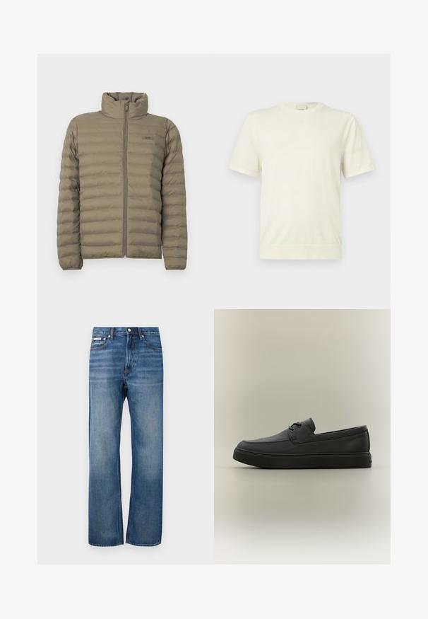 Veste rembourrée en vert olive, avec un col haut, fermeture éclair devant et texture matelassée horizontale. Étiquette de marque visible sur la poitrine.; T-shirt blanc uni à manches courtes avec col rond, ourlet et poignets côtelés, présenté sur un fond gris clair neutre.; Jeans en denim bleus à jambe droite avec un léger délavage, fermeture à bouton à l'avant et une petite étiquette logo sur la poche avant droite.; Mocassin décontracté en cuir noir avec des détails de laçage et une semelle en caoutchouc épaisse, présenté de profil sur un fond neutre.