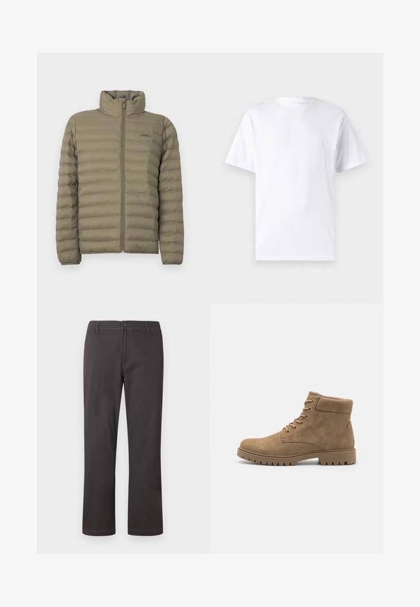 Veste rembourrée en vert olive, avec un col haut, fermeture éclair devant et texture matelassée horizontale. Étiquette de marque visible sur la poitrine.; T-shirt blanc à manches courtes en coton avec un col rond, présentant une texture lisse et un design simple, sans motifs ni accents.; Pantalon gris foncé à jambes droites avec fermeture à boutons, passants pour ceinture et coutures frontales discrètes sur fond blanc.; Bottines en daim beige avec un bout arrondi, un col rembourré, six paires d'œillets et une épaisse semelle en caoutchouc présentant un motif strié.