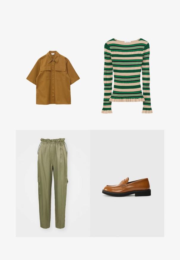 Chemise beige à manches courtes, boutonnée, avec un col large et deux poches à rabat sur le devant, présentée sur un fond blanc uni.; Haut beige en maille côtelée à manches longues avec des rayures horizontales vertes et noires, bordures à volants aux poignets et à l'ourlet.; Pantalons cargo vert olive avec une taille élastique à cordon de serrage, jambes fuselées et poche latérale. Tissu lisse avec une finition mate.; Mocassins en cuir marron avec une finition brillante, présentant un design sans couture, une semelle en caoutchouc noir et un léger détail de couture à l'avant.
