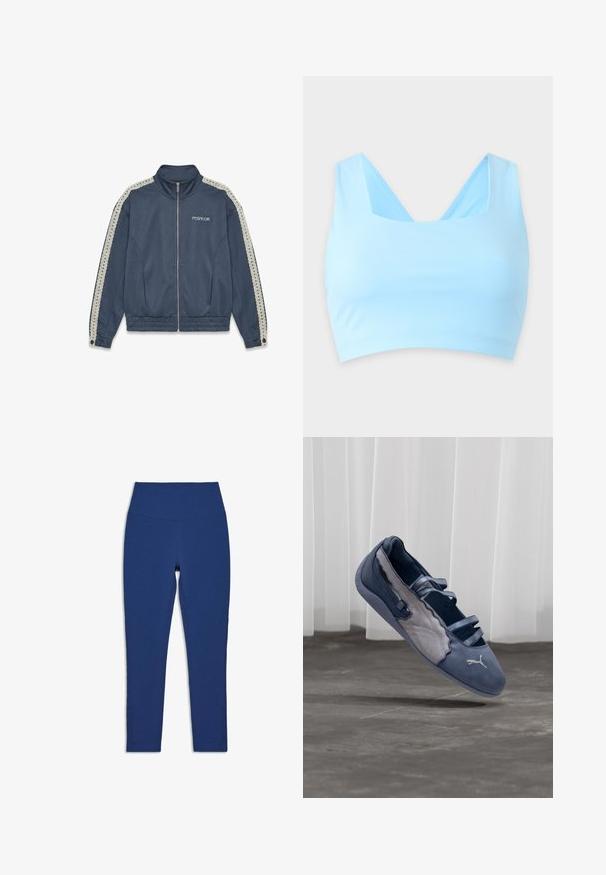 Veste zippée bleu marine avec col montant, rayures blanches au crochet le long des manches, taille élastique et logo "PEGADOR" sur le côté gauche de la poitrine.; Brassière de sport bleu clair avec larges bretelles et encolure carrée conçue pour une pratique active.; Leggings bleu marine taille haute avec une coupe ajustée et un détail perforé subtil le long de la partie inférieure extérieure des jambes.; Chaussure plate Puma bleue et grise avec trois brides élastiques, panneau latéral texturé, et logo Puma blanc, en suspension au-dessus d'un sol en béton.