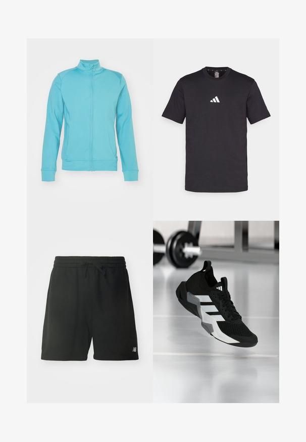 Helles blaues Zip-Jacke mit hohem Kragen, langen Ärmeln, gerippten Bündchen und Saum; aus weichem, dehnbarem Material; minimale Nähte.; Schwarzes Baumwoll-T-Shirt mit kurzen Ärmeln, das ein weißes Adidas-Logo auf der Brust zeigt. Klassisches Rundhalsdesign.; Schwarze Baumwoll-Sportshorts mit elastischem Bund, verstellbarem Kordelzug und Logodetail am unteren linken Bein. Glatte Textur.; Schwarzer Sportschuh mit Mesh-Obermaterial, weißen Streifen und grauen Akzenten. Verfügt über einen gepolsterten Kragen und eine Gummisohle. Geeignet für die Nutzung im Fitnessstudio.