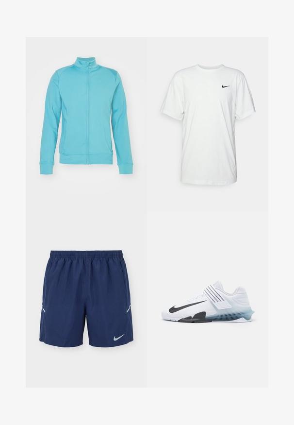 Veste zippée bleu clair avec col haut, manches longues, poignets et ourlet côtelés ; fabriquée à partir d'un tissu doux et extensible ; coutures minimales.; T-shirt en coton blanc à manches courtes, col rond, avec un logo Nike noir sur la poitrine gauche. Tissu lisse et léger.; Shorts de sport bleu marine avec taille élastique, logo Nike réfléchissant sur la jambe gauche et bordure réfléchissante blanche aux aérations latérales.; Baskets blanches avec le swoosh noir de Nike, tige en maille, trois rayures noires et une semelle dégradée allant du bleu au transparent. Présente des accents renforcés.