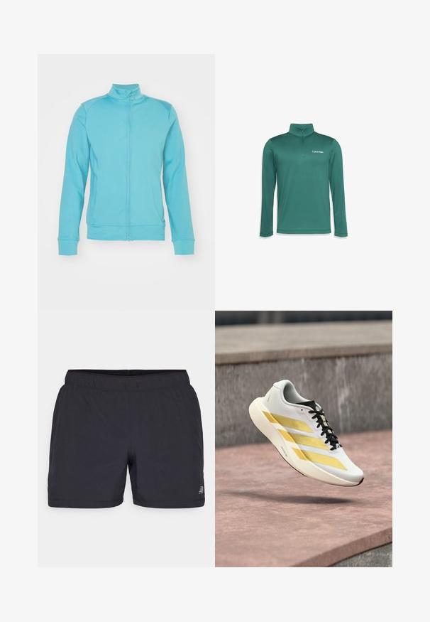 Lyseblå zip-jakke med høj krave, lange ærmer, ribbede manchetter og kant; lavet af blødt, elastisk stof; minimale sømme.; Teal langærmet halvdels zip-pullover lavet af letvægtsstof, med en mock krave og præget Calvin Klein-logo på brystet.; Sorte træningsshorts med elastisk talje, letvægtsstof og et diskret logo nederst til venstre. Glat tekstur.; Hvid og guld atletiksko med sorte snørebånd, der svæver over en glat stens overflade med en grå stenvæg i baggrunden.