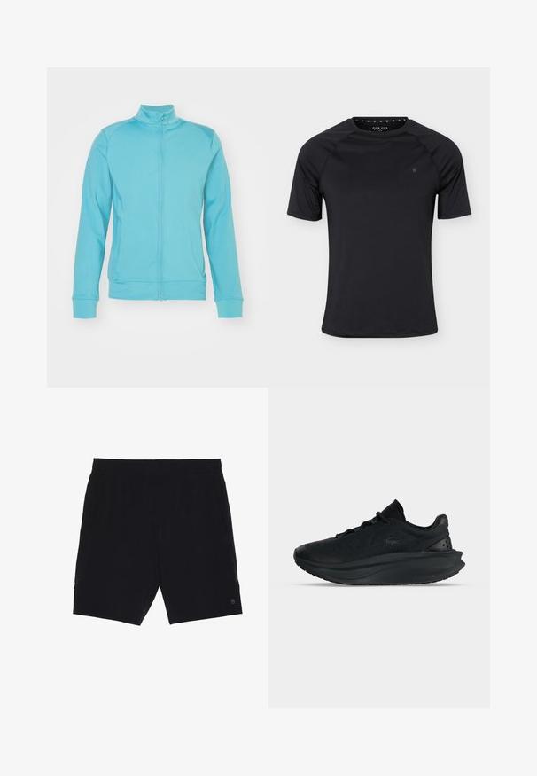 Lyseblå zip-jakke med høj krave, lange ærmer, ribbede manchetter og kant; lavet af blødt, elastisk stof; minimale sømme.; Sort sport T-shirt med korte ærmer og rund halsudskæring med lille logo på venstre bryst, vist på ensartet lyst baggrund.; Sorte shorts lavet af letvægtsstof, med elastisk talje, to sidelommer og et lille logo på nederste højre side.; Sort atletiksneaker med tyk sål, snørebånd, perforeret overdelsmateriale og subtilt brandlogo på siden, vist i sideprofil.
