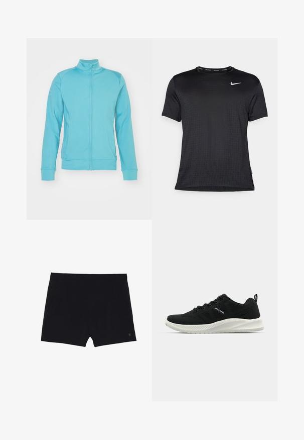Helles blaues Zip-Jacke mit hohem Kragen, langen Ärmeln, gerippten Bündchen und Saum; aus weichem, dehnbarem Material; minimale Nähte.; Schwarzes sportliches Kurzarmshirt mit rundem Ausschnitt, atmungsaktivem Stoff, dezentem erhabenen Punktmuster und kleinem weißem Nike-Logo auf der Brust.; Schwarze Sportshorts mit glatter Textur, elastischem Bund und zwei Seitentaschen. Mit einem kleinen Logo auf der unteren rechten Seite.; Schwarze Sportschuhe mit einem strukturierten Mesh-Obermaterial, kontrastierender weißer Sohle und geschwungenem Design. Verfügt über ein Schnürsystem und Logo-Details.