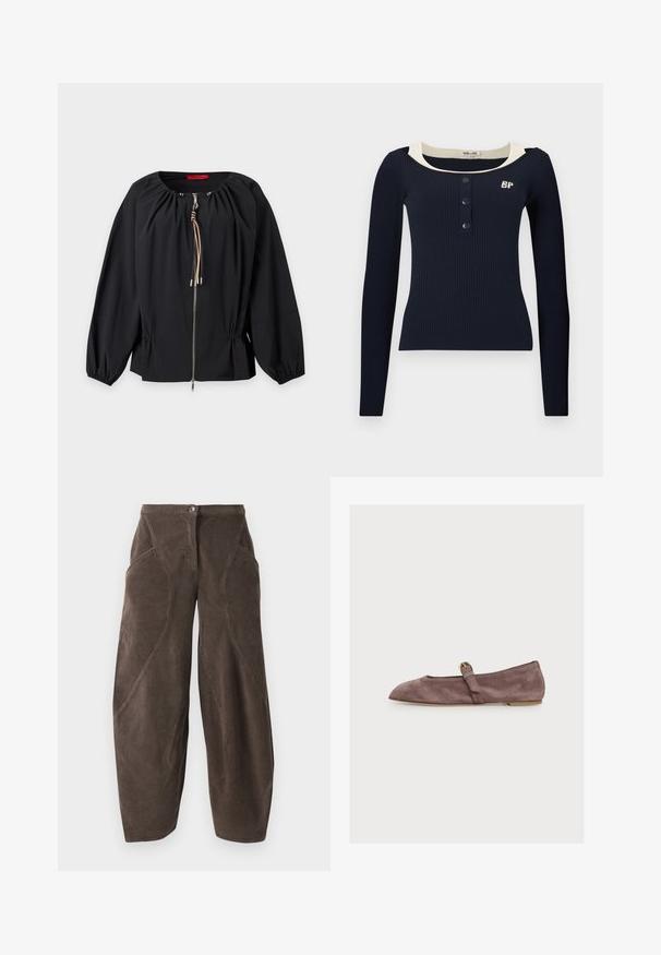 Veste noire à manches longues avec fermeture éclair frontale et cordons ajustables au col et à la taille, présentée sur fond blanc.; Haut côtelé à manches longues bleu marine avec un col rond, un bord contrastant crème, une patte à trois boutons et un petit logo brodé sur la poitrine.; Pantalon en velours côtelé marron à jambes larges, taille haute, fermeture à bouton sur le devant et détails de couture en biais sur les jambes.; Ballerine Mary Jane en daim marron avec une fine bride et une boucle dorée, petit talon et bout arrondi, vue de côté sur fond blanc.