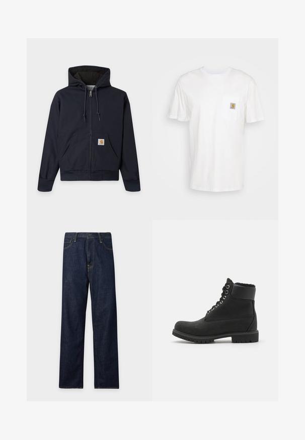 Tmavomodrá mikina s kapucňou na zips s šnúrkami, klokanie vrecko s logom Carhartt, rebrované manžety a lem a prešívané vnútorné podšívky.; Biele bavlnené tričko s krátkymi rukávmi, vreckom na hrudi a malou štvorcovou nášivkou v oranžovej a bielej farbe na vrecku.; Tmavomodré riflové nohavice s rovným strihom, s piatimi vreckami a viditeľným žltým prešitím na bielom pozadí.; Čierna členková obuv vyrobená z semišu s gumovou podrážkou, s kovovými očkami, šnúrkami a mäkkým umeleckým koženým golierom okolo vrchu.