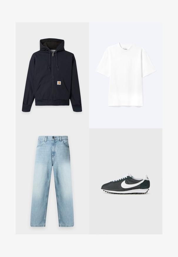 Marineblauer Kapuzenpullover mit Reißverschluss, Kordelzug, Kängurutasche mit Carhartt-Logo-Patch, gerippte Bündchen und Bund sowie wattiertes Innenfutter.; Schlichtes weißes T-Shirt mit kurzen Ärmeln und Rundhalsausschnitt in entspannter Passform, auf hellem Hintergrund dargestellt.; Hellblaue Jeans mit geradem Bein, verwaschenem Finish, Fünf-Taschen-Design und sichtbaren Nähten entlang der Nähte. Aus Baumwoll-Denim gefertigt.; Nike-Sneaker aus schwarzem Mesh mit weißem Swoosh, weißen Schnürsenkeln und dunkelgrünen Wildlederakzenten. Verfügt über eine strukturierte schwarze Gummisohle.