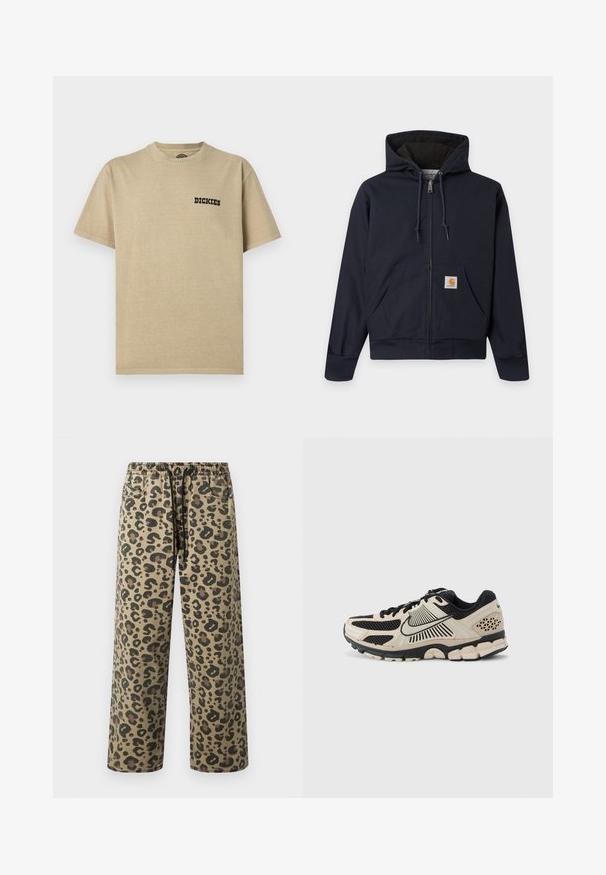 Sweat à capuche bleu marine zippé avec cordons, poche kangourou avec patch logo Carhartt, poignets et taille côtelés, et doublure intérieure matelassée.; T-shirt en coton beige avec un col rond et des manches courtes. Présente un logo noir "DICKIES" sur le côté gauche de la poitrine. Texture lisse.; Pantalon imprimé léopard en couleurs beige et marron, avec taille élastique à cordon, poches latérales et coupe décontractée.; Chaussure de course Nike en crème et noir. Comprend une tige en mesh, des accents texturés, une semelle extérieure épaisse en caoutchouc et un design de semelle intermédiaire remarquable.