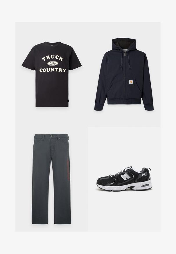 Sudadera con capucha azul marino con cremallera y cordones, bolsillo canguro con parche con el logo de Carhartt, puños y cinturilla acanalados y forro interior acolchado.; Camiseta de algodón negro de mangas cortas con el texto "TRUCK COUNTRY" en color crema y un diseño del logo de Ford en el centro.; Pantalones grises confeccionados con material de mezcla de algodón, con corte recto, bolsillos delanteros y un logo bordado en rojo en el lado izquierdo.; Zapatillas deportivas en negro y gris con parte superior de malla y ante, que cuentan con una entresuela blanca, cordones y un llamativo logo "N" en el lateral.