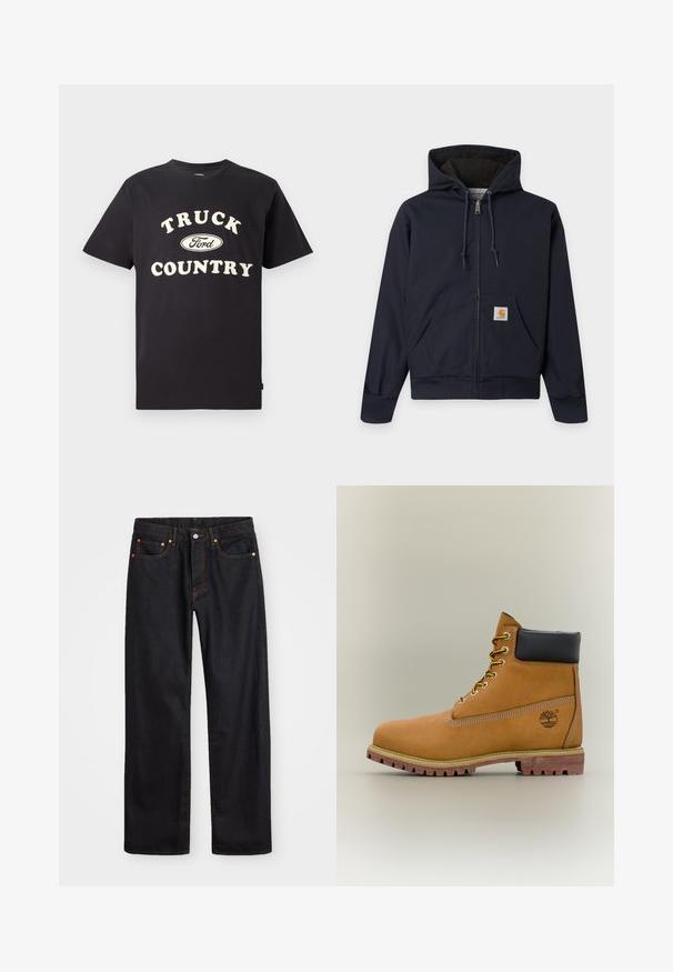 Mørkeblå lynlåshættetrøje med snore, kængurulomme med Carhartt logo-patch, ribstrikkede manchetter og linning, samt quiltet inderfor.; Sort bomulds t-shirt med korte ærmer, der har teksten "TRUCK COUNTRY" i cremefarvet og et Ford-logo designet centralt foran.; Mænds lige ben sorte denim jeans med fem lommer og orange syninger, knap- og lynlåslukning foran på taljen.; Brun læderankelstøvle med sort krave, gule snørebånd og tanfarvet sål. Har logo og hvide syninger som detalje. Robust ydersål med greb.