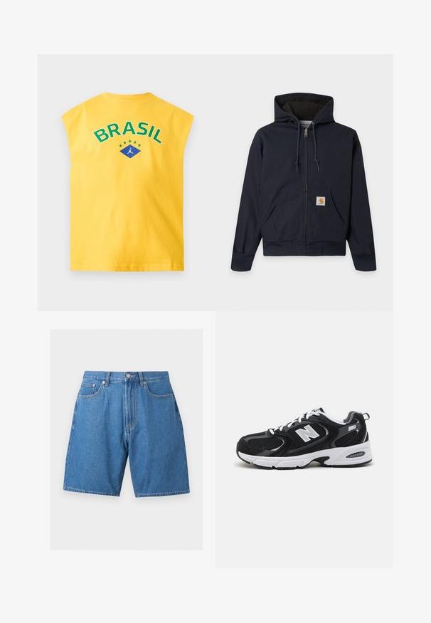 Sweat à capuche bleu marine zippé avec cordons, poche kangourou avec patch logo Carhartt, poignets et taille côtelés, et doublure intérieure matelassée.; T-shirt jaune sans manches avec « BRASIL » en vert au-dessus de six étoiles et un losange bleu avec un logo en silhouette blanche.; Short en jean bleu avec fermeture à boutons à l'avant, passants pour ceinture, deux poches avant et une poche à monnaie, présenté sur un fond blanc.; Baskets de sport noires et grises avec un tige en mesh et en suède, présentant une semelle intermédiaire blanche, des lacets et un logo "N" audacieux sur le côté.