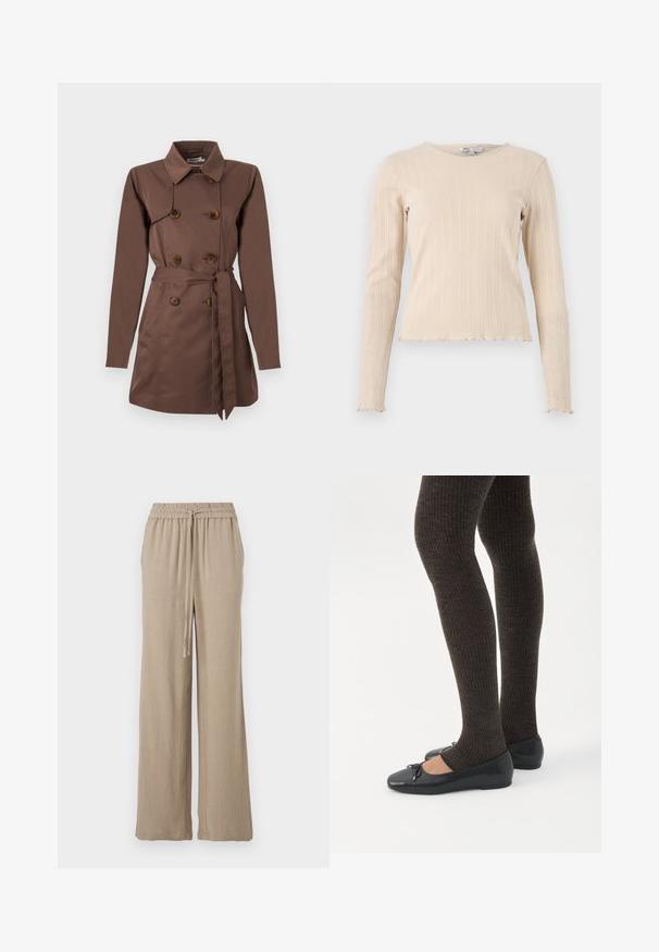 Brun trenchcoat med dobbeltradet front, store brune knapper, bælte i taljen og lange ærmer, lavet af glat stof.; Beige langærmet ribbet top med rund hals og bølget kant. Stoffet har et subtilt struktureret mønster gennem hele designet.; Beige vide bukser lavet af et letvægtsstof. Har en elastisk talje med snor og sidelommer. Glat tekstur.; Ben iført mørke ribbede leggings kombineret med sorte balletsko med små sløjfedetaljer på hvid baggrund.