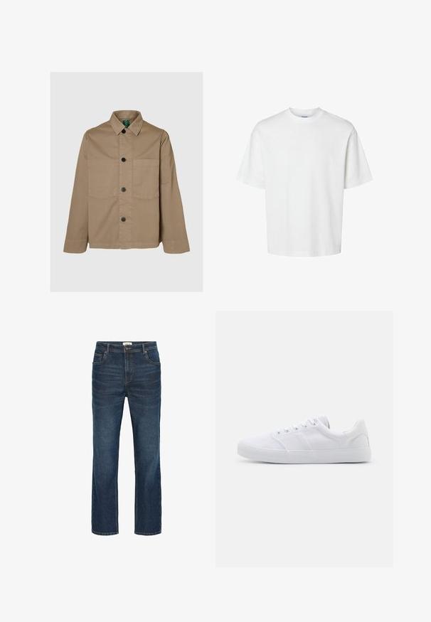 Beige Baumwolljacke mit knöpfbarem Vorderteil, spitzem Kragen, zwei Vorder Taschen und schwarzen Knöpfen. Verfügt über eine lockere Passform und lange Ärmel.; Schlichtes weißes T-Shirt mit kurzen Ärmeln, Rundhalsausschnitt und lockerem Schnitt, abgebildet auf weißem Hintergrund.; Dunkelblaue Denim-Jeans mit einem geraden Schnitt, fünf Taschen, kontrastierenden Nähten und einem Bund mit einem Metallknopf und Gürtelschlaufen.; Weiße Leinenschuhe mit Gummisohle, ausgestattet mit sechs Ösen, einer strukturierten Zehenkappe und minimalistischer Gestaltung.
