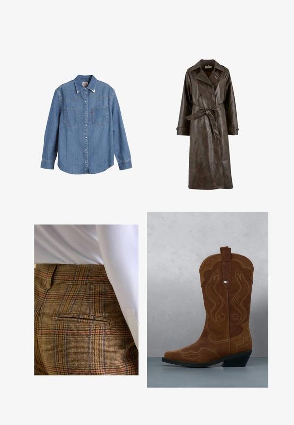 Bruine nepleer trenchcoat met een dubbelzijdig ontwerp, brede kraag, ceintuur in de taille en knoopmanchetten. Glad textuur, knielengte.; Lichtblauwe denim overhemden met lange mouwen, puntige kraag, twee borstzakken en contrasterende stiksels. Heeft een westers stijl yoke ontwerp.; Bruine geruite broek met een gestructureerde stof. Beschikt over blauwe en rode lijnen, een achterzak en een getailleerde pasvorm. Draagt bij een wit overhemd.; Bruine suède cowboylaars met decoratieve stiksels en een vlagembleem op de schacht, staande op een houten lattenvloer buiten.