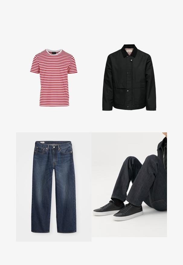Zwart mannenjasje met knoopsluiting, ribfluweel kraag, twee voorzakken en een geruite voering die zichtbaar is bij de nek.; Rood-witte gestreepte t-shirt met korte mouwen en ronde hals, gemaakt van stof met een gladde textuur. Bevat een gelijkmatige horizontale strepen.; Donkerblauwe spijkerbroek met een rechte pijp, vijf zakken, metalen knoop en rits, en subtiele wassingpatronen.; Persoon zittend met gebogen benen, draagt donkerblauwe spijkerbroek en zwarte lage sneakers met witte zolen op een witte achtergrond.