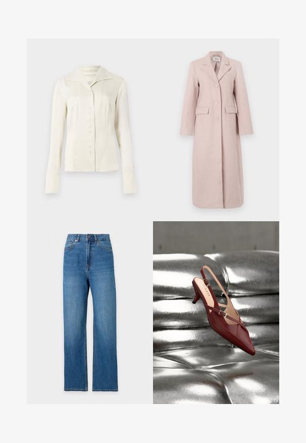 Lichtroze mantel van een wolmix met lange mouwen, reverskraag met insnijding, drie knopen en twee voorzakken; gladde textuur en tot op de knie.; Off-white blouse met lange mouwen en knopen, voorzien van een brede kraag en een getailleerde taille, gepresenteerd tegen een effen lichte achtergrond.; Spijkerbroek met rechte pijpen in blauw denim, hoge taille, voorste knoop, ritssluiting en vijfzakkenontwerp op een witte achtergrond.; Enkel rode leren slingback met hoge hak, puntige neus en gespbandjes, rustend op een glanzend zilveren getufte ondergrond.