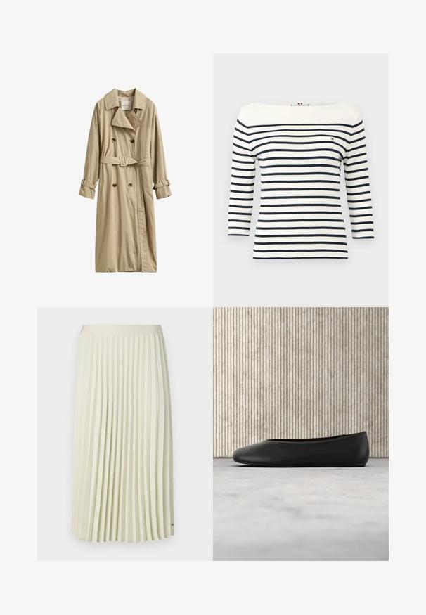 Gabardina beige de doble botonadura con cinturón y correas con hebilla en las mangas largas, con cuello clásico y dos bolsillos delanteros.; Camisa blanca de manga larga con rayas horizontales azul marino y un pequeño logo de Tommy Hilfiger en el pecho izquierdo.; Falda midi plisada en tela crema claro con una cinturilla lisa y pliegues verticales uniformes. Presenta un pequeño acento de marca cerca del dobladillo.; Bailarinas de cuero negro con punta redondeada, textura suave y un acento de logo dorado en el costado. Posicionadas sobre una superficie reflectante.