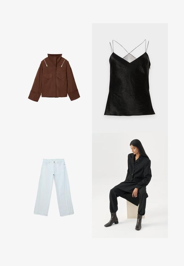 Veste marron avec col montant, deux poches à rabat à l'avant, fermetures éclair visibles près des épaules et larges poignets aux manches longues.; Haut noir sans manches avec texture froissée, encolure en V et fines bretelles croisées. Fabriqué en tissu léger pour une finition fluide.; Jean bleu clair à jambes larges, taille haute, fermeture bouton et zip, poches avant, et détails de coutures visibles le long des jambes.; Femme aux longs cheveux foncés assise, portant un blazer noir ample, un pantalon large assorti et des bottines foncées, sur un fond blanc uni.