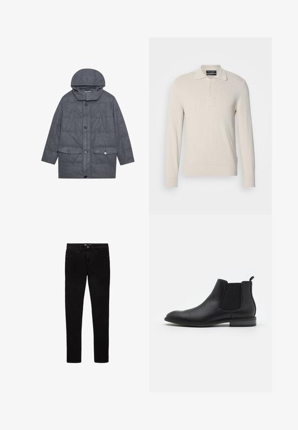 Grå quiltet frakke med hætte, der har en høj krave, to frontlommer med klap og knaplukninger. Lavet af struktureret stof.; Lys beige langærmet polo sweater i blødt strik med struktureret overflade, der har klassisk krave og tre-knaps lukning.; Sorte jeans lavet af denim, med et slim fit design, fem lommer og en knaplukning. Glat tekstur og minimale syninger.; Sort læder Chelsea støvle med elastiske sidelapper, rund tå og trækflap, der har en lav blokhælt og glat overflade.
