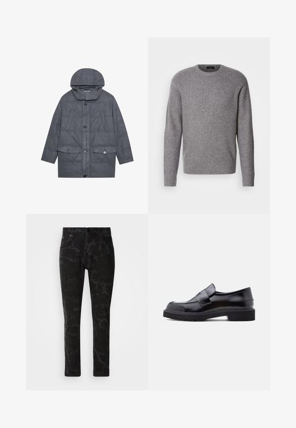 Grå quiltet frakke med hætte, der har en høj krave, to frontlommer med klap og knaplukninger. Lavet af struktureret stof.; Grå ribbet sweater lavet af blødt stof, med en rund halsudskæring og lange ærmer, samt en ensartet tekstur hele vejen igennem.; Sorte denim jeans med et marmor mønster, lige ben design, fem-lomme stil og en knaplukning i taljen.; Sorte læder slip-on sko med et slankt design, rund tå og en tyk, struktureret gummisål. Har en dekorativ rem på tværs foran.