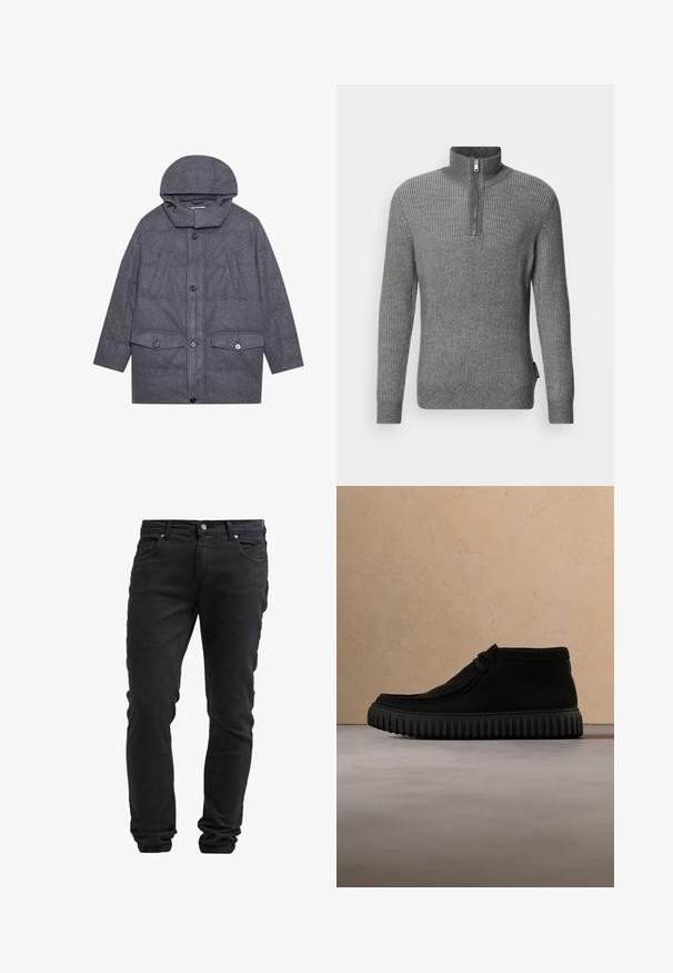 Grå quiltet frakke med hætte, der har en høj krave, to frontlommer med klap og knaplukninger. Lavet af struktureret stof.; Grå ribstrikket sweater med høj krave og kort lynlås. Fremstillet af tekstureret strikstof, med lange ærmer og lige kant.; Sorte slim-fit jeans med knap- og lynlås-lukning, fem lommer og elastiske manchetter ved anklerne.; Sorte ankelstøvler lavet af blødt materiale, med rund tå, minimal snøring og en tekstureret gummisål med lodrette riller.
