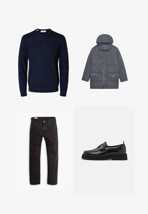 Grau gesteppter Mantel mit Kapuze, ausgestattet mit hohem Kragen, zwei Fronttaschen mit Klappe und Knopfverschlüssen. Aus strukturiertem Stoff hergestellt.; Marineblauer Langarmpullover mit Rundhalsausschnitt, gerippten Bündchen und Saum, gefertigt aus feinem Strickstoff.; Schwarze Denim-Jeans mit geradem Bein, ausgestattet mit einem klassischen Fünf-Taschen-Design, subtilen Nähten und einem Metallknopfverschluss.; Schwarze Leder Slipper mit flacher, strukturiertem Sohlen, mit einer gestickten Zehenpartie und einem Riemen über dem Spann.