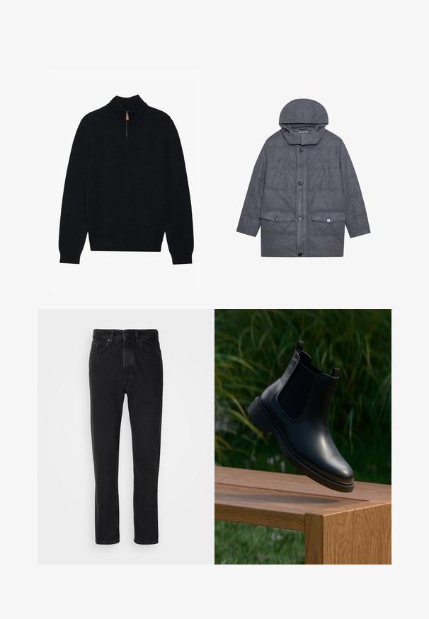 Gray quilted coat with a hood, featuring a high collar, two front flap pockets, and button closures. Made of textured fabric.; Black sweater with a high neck and half-zip closure, made from a soft, textured fabric. Features ribbed cuffs and hem.; Black denim jeans with a straight leg design, featuring a button and zipper closure, front pockets, and subtle texture.; Black leather ankle boot with elastic side panels floating above a wooden bench, green foliage background.