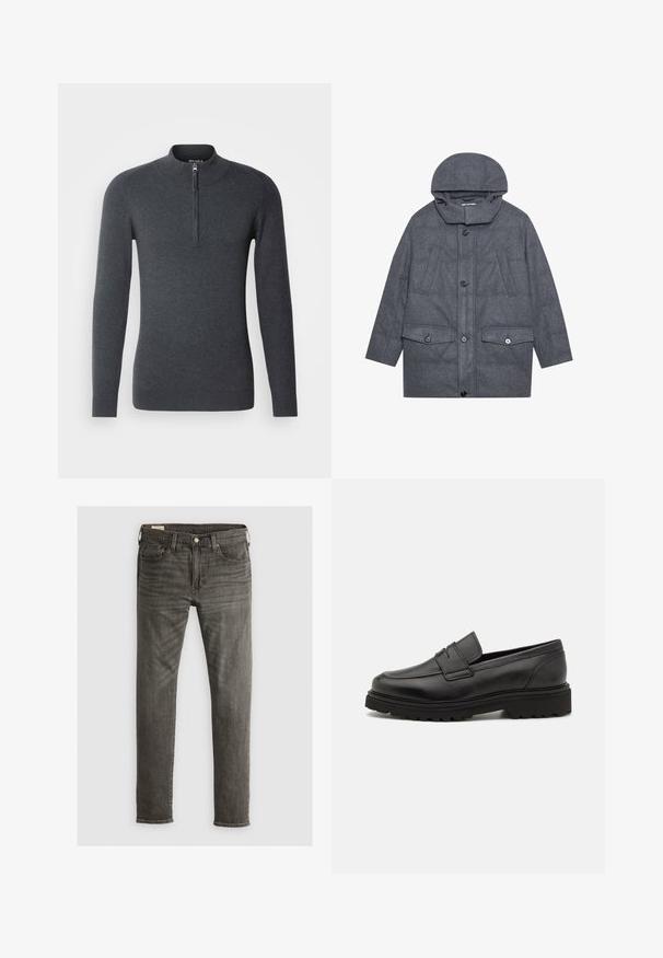 Manteau matelassé gris avec capuche, doté d'un col montant, de deux poches avant avec rabat et de fermetures à boutons. Fabriqué en tissu texturé.; Pull en gris foncé avec un col montant et une courte fermeture éclair à l'avant. Fabriqué dans un tissu doux et texturé, avec des manches longues et des bords côtes.; Jeans en denim gris foncé avec une jambe droite, cinq poches, passants de ceinture et fermeture éclair, présentant un léger décoloration et des détails de couture minimaux.; Mocassin en cuir noir avec un bout rond, des détails cousus, et une semelle épaisse et texturée. Présente un design élégant et minimaliste.
