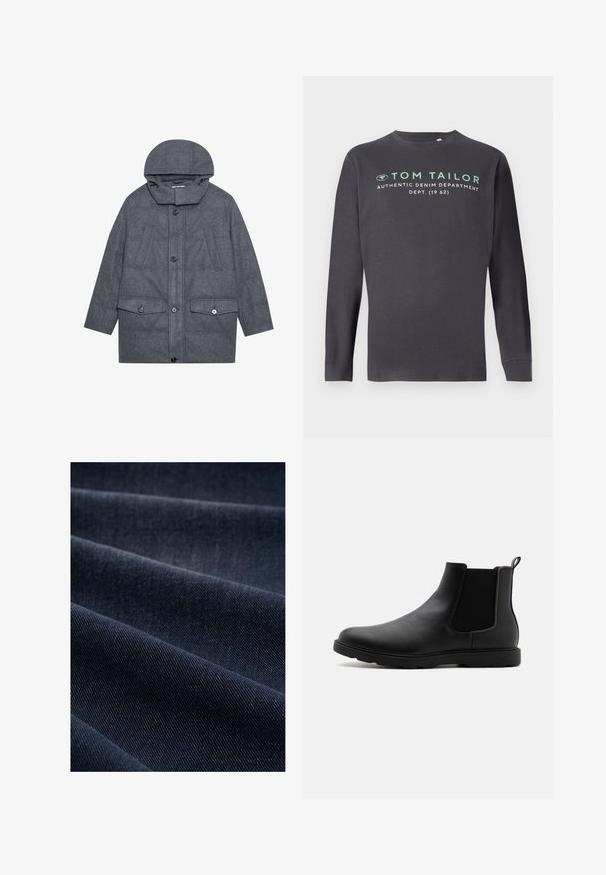 Grau gesteppter Mantel mit Kapuze, ausgestattet mit hohem Kragen, zwei Fronttaschen mit Klappe und Knopfverschlüssen. Aus strukturiertem Stoff hergestellt.; TOM TAILOR PRINTED - Langarmshirt - tarmac grey; Dunkelblaue Denim-Stoff mit geripptem Muster, das Falten und Wellen zeigt und somit sein Gewicht und seine Strapazierfähigkeit betont.; Schwarze Leder-Chelsea-Stiefel mit elastischen Seitenpaneelen, einem Zugband und einer robusten Gummisohle. Glatte Textur und elegantes Design.