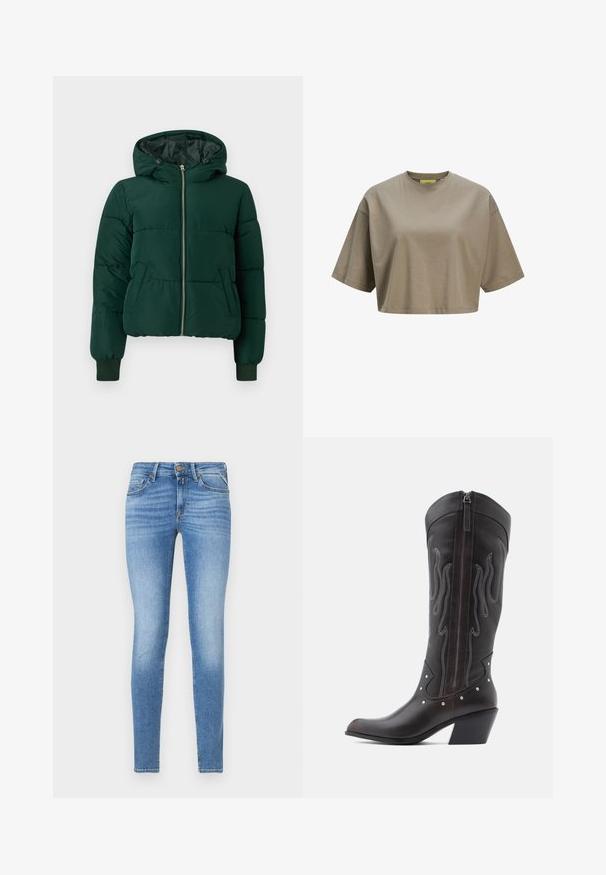 Donkergroene gewatteerde winterjas met capuchon, ritssluiting aan de voorkant, twee zijzakken en geribde boorden.; Bruine cropped t-shirt gemaakt van zachte katoen, met een ronde halslijn en korte mouwen. Soepele textuur met subtiele stiksels.; Slim-fit lichtblauwe spijkerbroeken met een middelhoge taille, vooraan met knoopsluiting en een vijf-pocket ontwerp.; Bruine leren cowboylaarzen met vlamstiksels, zijrits, zilveren studs, spits toelopende neus en gestapelde hak.
