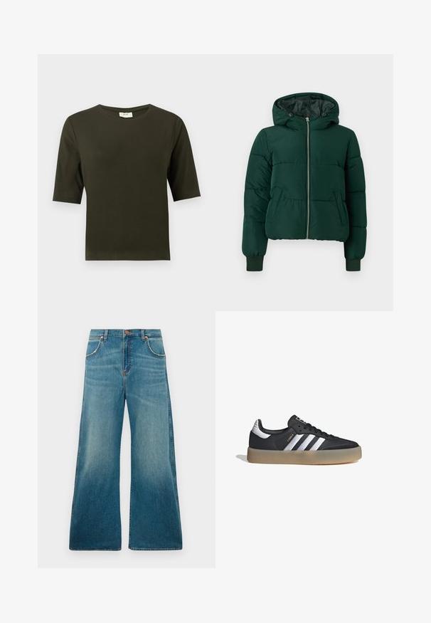 Chaqueta de invierno acolchada de color verde oscuro con capucha, cremallera frontal, dos bolsillos laterales y puños de canalé.; Camiseta de manga corta verde oscuro con cuello redondo, hecha de una tela suave, que presenta un diseño simple y de corte recto.; Jeans de mezclilla azul de tiro alto con perneras anchas, bolsillos frontales, cierre de botón y un degradado de color desgastado que va desde la cintura hasta el dobladillo.; Zapatilla deportiva de cuero negro con tres rayas plateadas, punta texturizada y suela de goma. Cuenta con un collar acolchado y un diseño con cordones.
