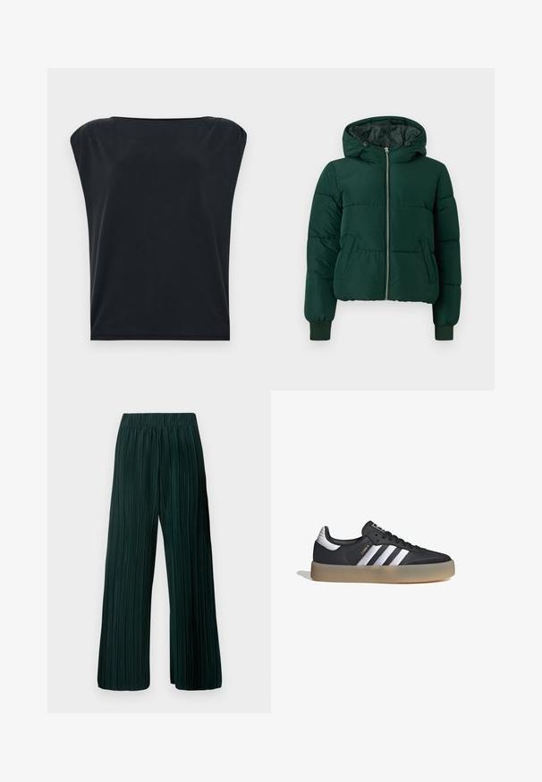 Chaqueta de invierno acolchada de color verde oscuro con capucha, cremallera frontal, dos bolsillos laterales y puños de canalé.; Camiseta negra de manga corta con corte relajado, que presenta una tela suave y lisa y un escote redondo amplio. Diseño simple y minimalista.; Pantalones de pierna ancha con pliegues en verde oscuro. Fabricados con un tejido suave y un diseño texturizado, con una cinturilla elástica para mayor comodidad.; Zapatilla deportiva de cuero negro con tres rayas plateadas, punta texturizada y suela de goma. Cuenta con un collar acolchado y un diseño con cordones.