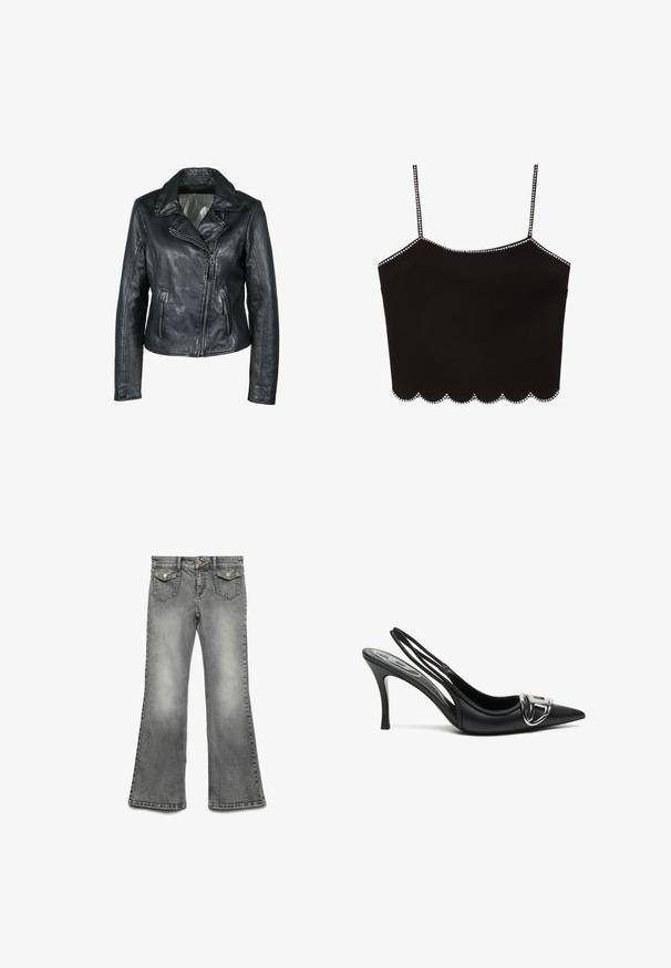 Zwarte leren jas met een geknotte kraag, voorritssluiting en twee zijzakken met rits. Heeft een iets getailleerde pasvorm en een gladde textuur.; Zwart cropped top met getand zoom, versierd met zilverkleurige studs langs de halslijn en schouderbandjes. Gemaakt van gladde stof, voorzien van verstelbare spaghetti bandjes.; Grijze spijkerbroek met flair, voorzien van een vervaagde wassing, vijf-pocket ontwerp en contrasterende gouden hardware. Rechte tailleband met knoopsluiting.; Zwarte slingback hoge hakken met een spitse neus, voorzien van een glanzend zilveren gespsluiting en een slanke hak. Gladde leren textuur, minimalistisch ontwerp.