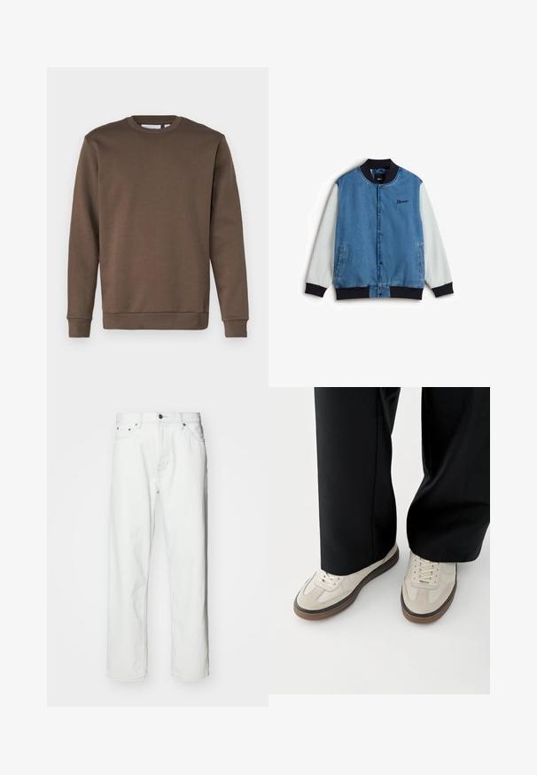 Vans Bomberjakke - medium blue; Only & Sons ONSCERES - Sweatshirt - major brown; Hvide denimbukser med lige pasform, fem-lomme design, knaplukning og subtile syninger. Glat tekstur og minimalistisk stil.; Fødder iført beige sneakers med brune såler og sorte bukser med vide ben på hvid baggrund.