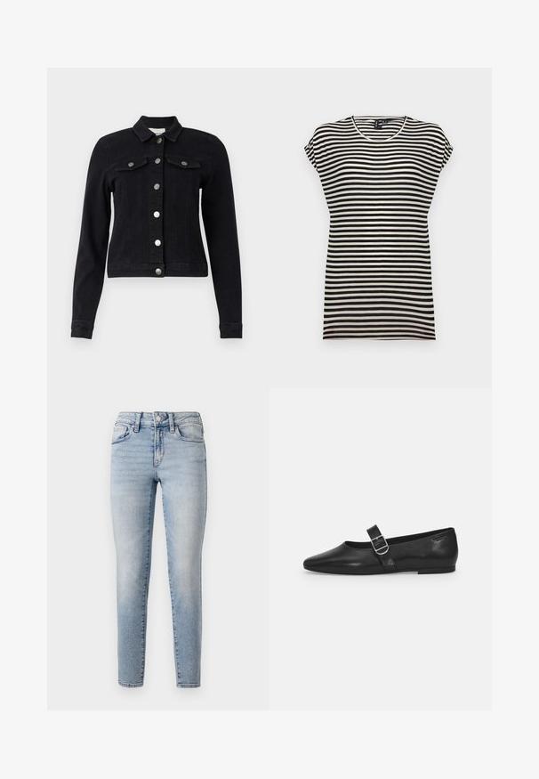 Sort denimjakke med lange ærmer, frontknaplukning, to brystlommer med klap og en cropped design. Mat sølv hardware detaljer.; Sort-hvid stribet kortærmet t-shirt med rund halsudskæring, afslappet pasform og blødt bomuldsstof.; Lysblå denim jeans med slim fit, der har et fem-lomme design, frontknaplukning og subtilt slid langs benene.; Sorte læder flade sko med rund tå, et enkelt justerbart spænde og en glat, blank overflade. Minimalistisk design med en lav hæl.