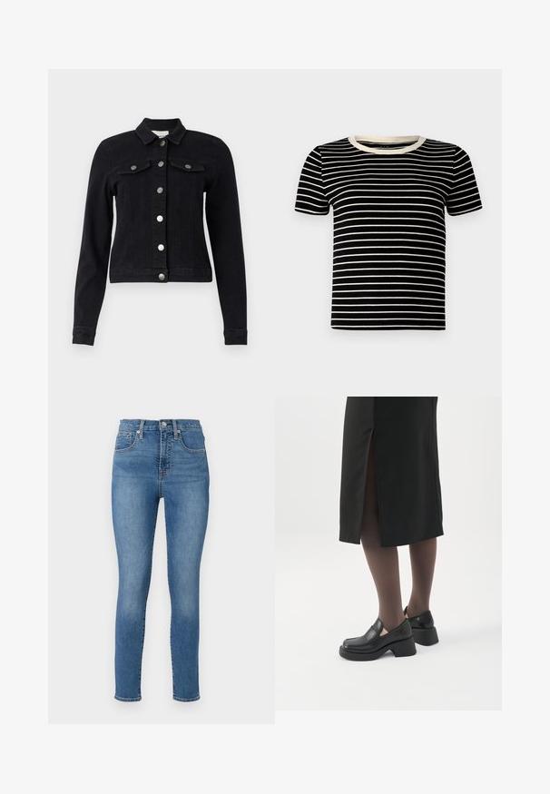Schwarze Denimjacke mit langen Ärmeln, frontaler Knopfverschluss, zwei Brusttaschen mit Klappen und einem cropped Design. Matt silberne Hardware-Akzente.; Schwarz- und cremegestreiftes T-Shirt mit kurzen Ärmeln, geripptem Material und rundem Ausschnitt. Die Streifen sind gleichmäßig verteilt und horizontal.; GAP SKINNY TALMA - Jeans Skinny Fit - medium indigo; Frau trägt schwarze Loafers mit klobigem Absatz, schwarze transparente Strumpfhosen und einen schwarzen Rock mit Schlitz hinten vor weißem Hintergrund.