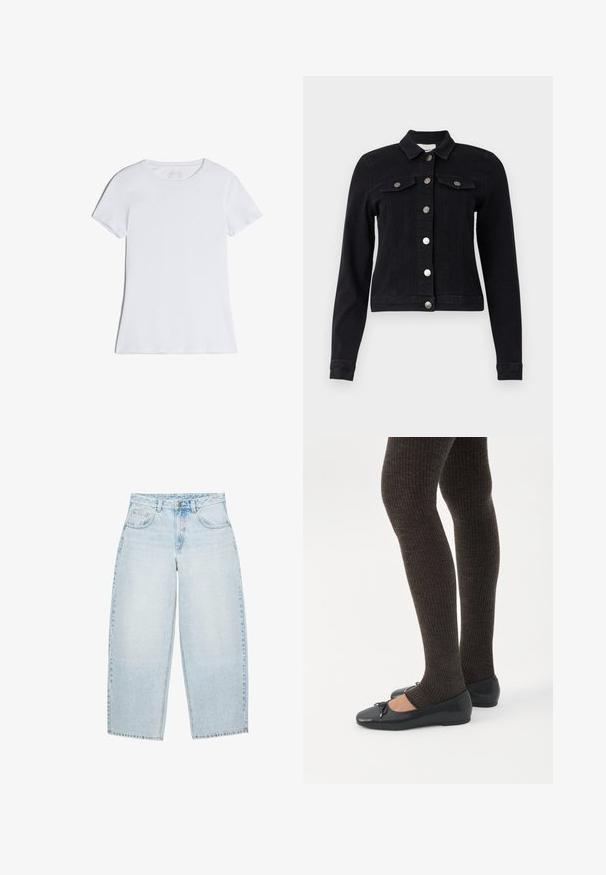 Zwart denimjacket met lange mouwen, knoopsluiting aan de voorkant, twee borstzakken met kleppen en een cropped ontwerp. Mat-zilveren hardwareaccenten.; Effen wit t-shirt met korte mouwen en ronde hals, plat gelegd zonder zichtbare patronen of logo's.; Lichtblauwe wijde spijkerbroek met voorste knoop- en ritssluiting en vijf zakken, plat gelegd op een witte achtergrond.; Benen met donkere geribbelde leggings gecombineerd met zwarte ballerina's met kleine strikdetails op een witte achtergrond.