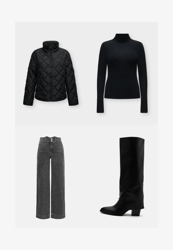 Veste noire matelassée avec une fermeture éclair à l'avant, un col montant et des manches longues sur un fond uni gris clair.; Pull col roulé noir ajusté à manches longues, à texture lisse et au design épuré, présenté sur un fond gris clair.; Pantalon en denim gris foncé à taille haute, coupe large, avec poches plaquées à l'avant et fermeture à double bouton.; Botte haute en cuir noir avec couture inclinée, bout pointu et talon épais de taille moyenne sur fond blanc.