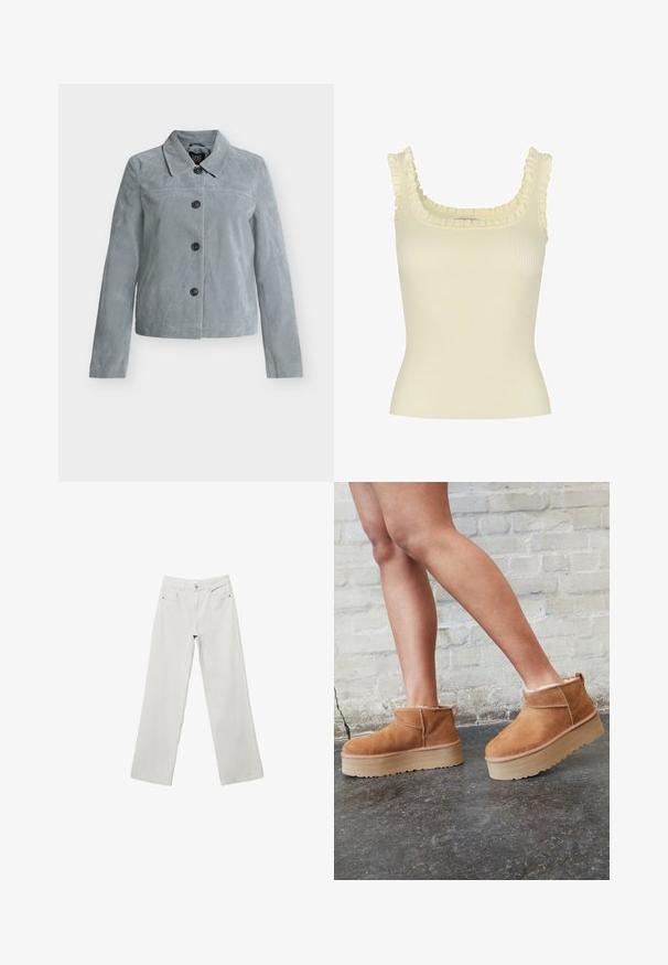 Veste en daim gris clair à manches longues, fermeture à boutons sur le devant et col pointu.; Haut sans manches en maille côtelée couleur crème avec bordure à volants le long de l'encolure carrée et des bretelles.; Jeans en denim blanc à jambes larges avec taille haute, design à cinq poches et coutures ton sur ton. Braguette à bouton et zipper. Texture lisse.; Bottines en suède marron avec une doublure en peluche, semelle épaisse en beige et une poignée à l'arrière. Surface texturée avec des détails de couture visibles.